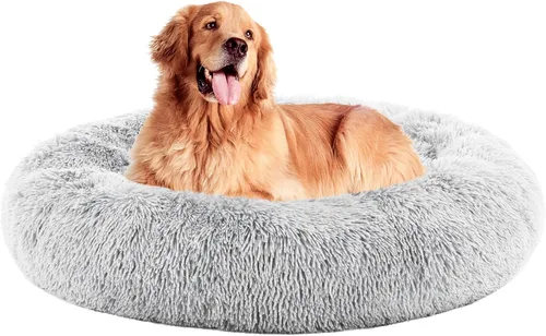 Vista 9 de DUMOS Cama redonda de felpa de piel sintética mullida para perros grandes, lavable a máquina, de 30.7 x 30.7 pulgadas, cama redonda antideslizante