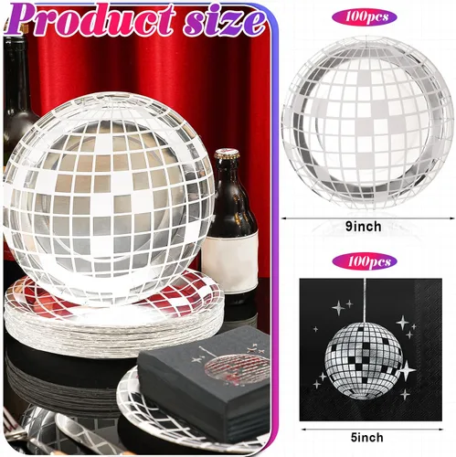 Vista 4 de Funtery 200 platos de discoteca y servilletas de los años 70 y 80, incluye platos de papel de bola de discoteca y servilletas para 100 invitados