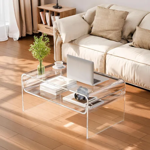 Vista 2 de VEVOR Mesa de centro acrílica, moderna mesa central de cascada con estante de almacenamiento abierto, escritorio rectangular transparente Lucite