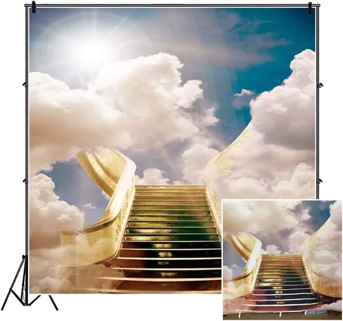 Vista 2 de Telón de fondo de poliéster de 4 x 4 pies con memoria amorosa, decoración temática enviada por el cielo del Reino de Dios escaleras al paraíso luz