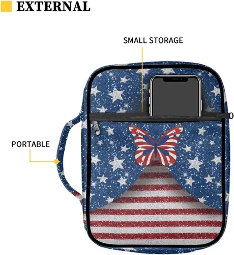 Vista 3 de Funda unisex para la Biblia, portátil, ligera, con asa y bolsillo con cremallera, marcapáginas tamaño grande, Bandera estadounidense mariposa