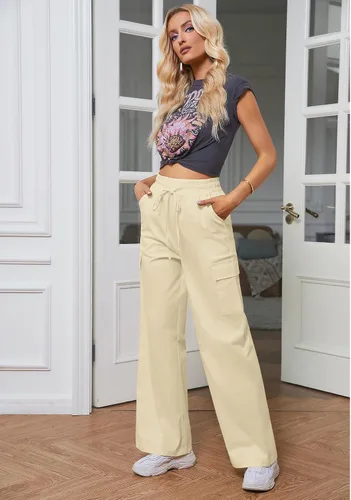Vista 7 de GRAPENT Pantalones cargo para mujer, pierna ancha, holgados, tiro alto, cintura elástica, pantalones sueltos con bolsillo, traje de los años 90, Y2K