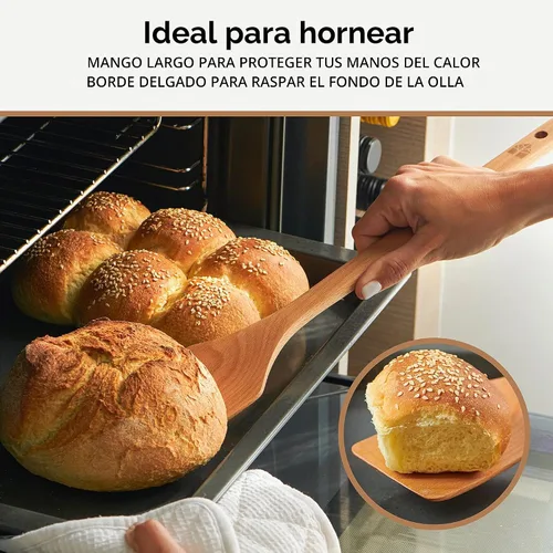 Vista 4 de Cucharón de madera largo de 17.5” – Paleta para cangrejos, espátula de madera para cocinar – Cucharón de madera de haya de mango largo para cocina