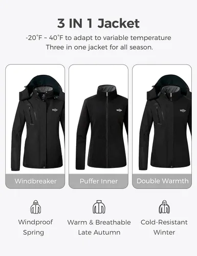 Vista 3 de Wantdo Chaqueta de esquí 3 en 1 para mujer, impermeable, con aislamiento, forro polar