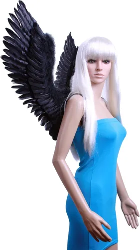 Vista 3 de FashionWings (TM) Disfraz de plumas con forma de V, diseño de alas de ángel para adultos, unisex, color negro, Negro, L, Large wingspan
