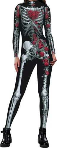 Vista 12 de Disfraz de esqueleto de calavera para mujer, overol de una pieza para Halloween 3D printed skull skeleton robot costume, Back zipper closure