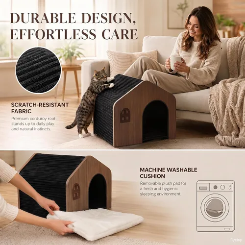 Vista 4 de Moderna casa de madera para gatos para interiores, cama tipo cueva cerrada de grado E0 con cojín lavable, muebles ecológicos no tóxicos
