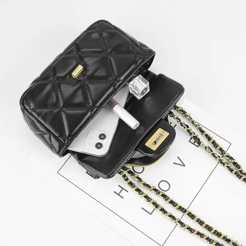 Vista 6 de Mini monedero para mujer, negro acolchado con celosía pequeña bolsa de asa superior, bolso de mano cruzado pequeño para uso diario, bodas, fiestas
