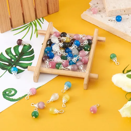 Vista 4 de KISSITTY 100 cuentas de gota de ojo de gato, 10 colores hechos a mano, colgantes colgantes de 0.315 in con tapa de cuentas para hacer joyas