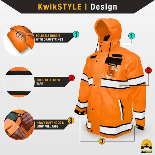 Vista 3 de KwikSafety - Charlotte, NC - Chaqueta de lluvia TORRENT y gabardina ANSI OSHA clase 3 de alta visibilidad, equipo de lluvia Hi Vis