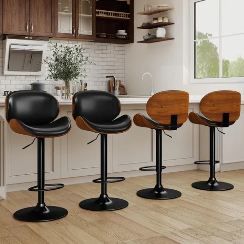 Vista 2 de Juego de 2 taburetes de bar ajustables giratorios de 360°, sillas de bar tapizadas de piel sintética con reposapiés, taburetes de madera para Negro