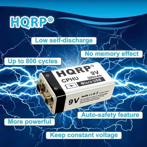 Vista 7 de HQRP Paquete de 2 baterías recargables USB de iones de litio de 9 V, alta capacidad, 500 mAh, 9 voltios, carga rápida de 1.5 H, 800 ciclos con cable