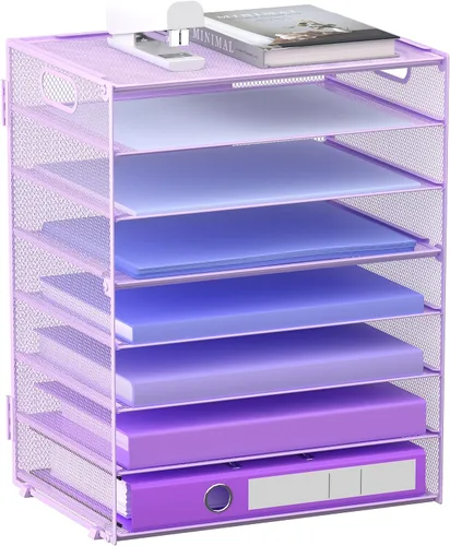 Vista 8 de Organizador de bandejas de papel de 8 niveles con asas, organizador de archivos de escritorio de malla para oficina, escuela, escritorio