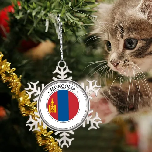 Vista 4 de Bandera de Mongolia, adornos de Navidad 2023, adorno de copo de nieve, adornos de recuerdo de ciudad de campo para árboles de Navidad, colgante