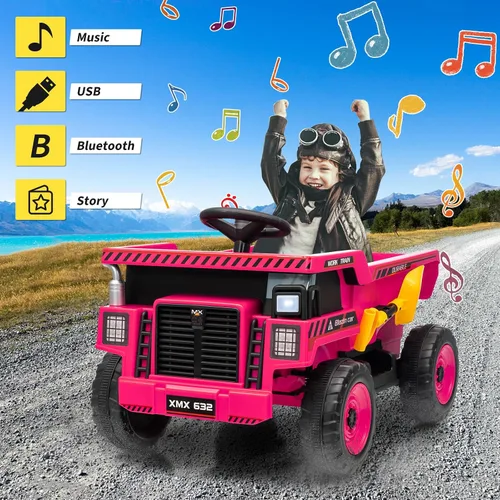 Vista 6 de Camión volquete eléctrico de 12 V para niños, vehículos de construcción de 4 ruedas con control remoto, cama de basura, pala, luces LED, música Rosa