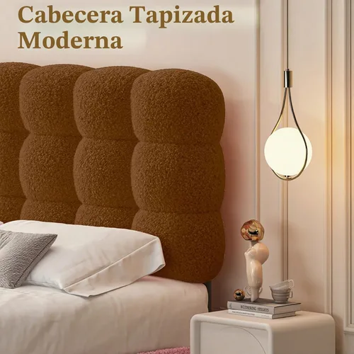 Vista 3 de Base de cama individual BarnFurin con cabecera tapizada, tela suave tipo bouclé, cama plataforma con fuerte soporte de listones de madera, diseño