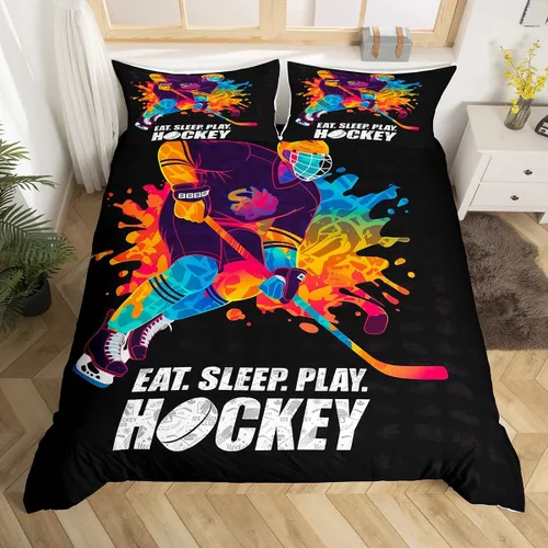 Vista 36 de Erosebridal Hockey Twin Duvet Cover for Boys,Blue and Black Sports Bedding Sets for Kids Teen,Ball Games Gamer Bed Set,Ice Hockey Field Quilt Cover