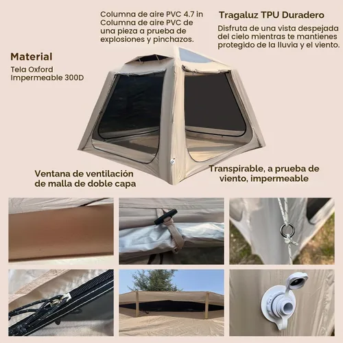 Vista 4 de Tienda de campaña inflable para campamento, instalación rápida con bomba, tienda de campaña Oxford impermeable de 4 estaciones con tragaluz, tienda