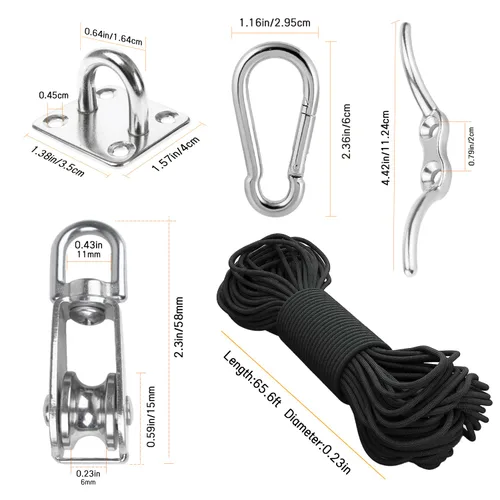 Vista 2 de LAIWOO M15 Kit de Sistema de Poleas de Acero Inoxidable - Rueda de Polea de Servicio Pesado, Bloque de Polea con Cuerda de Nylon, Ganchos, Placa