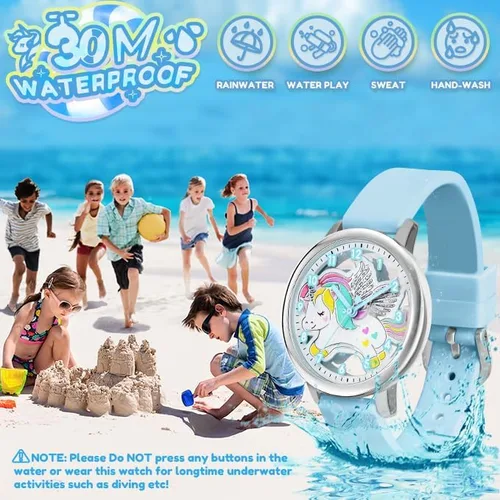 Vista 5 de Reloj de dibujos animados para niños, lindo unicornio impermeable, reloj de aprendizaje fácil de leer, para niños de 3 a 12 años, regalo para niños