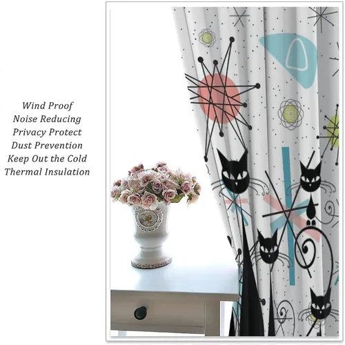Vista 5 de Cortinas de estilo de mediados de siglo, diseño geométrico abstracto moderno, diseño retro, estampado de gato negro, para dormitorio, sala de estar