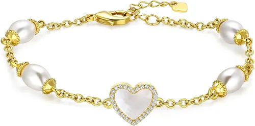 Vista 10 de Pulsera de perlas de oro para mujer, chapado en oro de 14 quilates, pulsera de perlas delicadas de doble capa, elegante regalo de joyería apilable