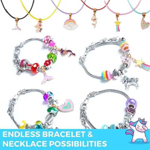 Vista 3 de Modda Kit de fabricación de pulseras con dijes de unicornio, kit de joyería con temática de unicornio con dijes, cuentas, bolsa para niñas de 8 a 12
