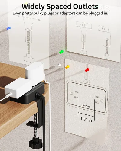 Vista 7 de Regleta de alimentación de abrazadera de escritorio con 4 salidas y 4 USB, cable de extensión de 6 pies para el hogar Desktop Mount Charging