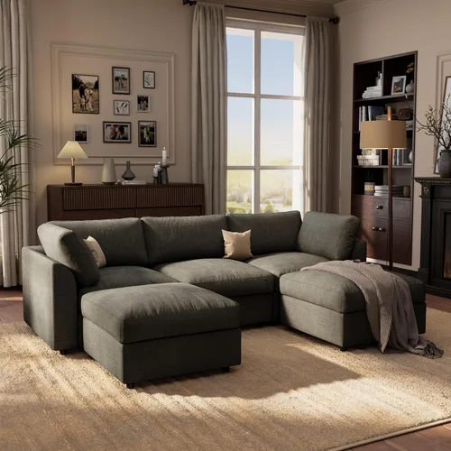 Vista 22 de Sofá modular Cloud de 100 pulgadas con reposabrazos curvo, moderno sofá modular con otomana de almacenamiento, cómodo sofá de nube de gran