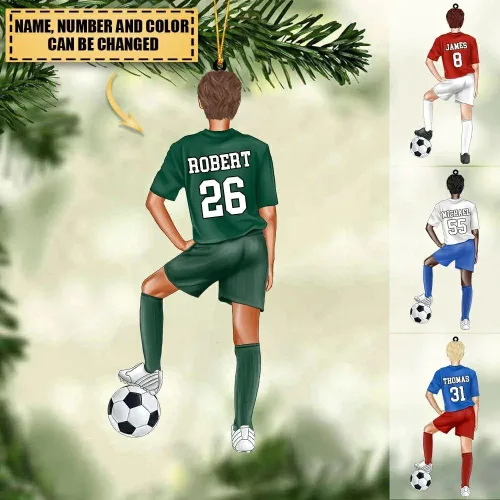 Vista 2 de Adorno de Navidad personalizado para jugador de fútbol; regalo personalizado para colgar en el árbol de Navidad 2D; gran idea de regalo