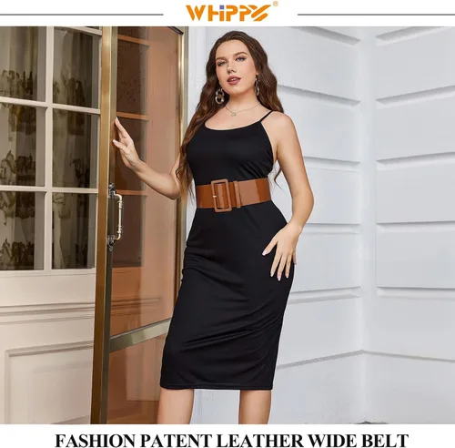Vista 3 de WHIPPY Cinturón ancho de charol para mujer, hebilla cuadrada de moda, cintura alta, cinturones para vestidos