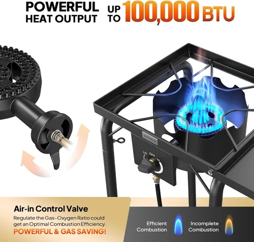 Vista 3 de Estufa de gas de una sola hornilla ROVSUN con estante lateral, estufa portátil de propano de 100,000 BTU con pata extraíble y regulador