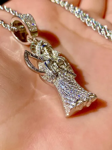 Vista 6 de Shop-iGold Iced Santa Muerte Hombres Mujeres 925 Italia Colgante de plata helada Ice Out de acero inoxidable real 0.118in cuerda cadena, Mans