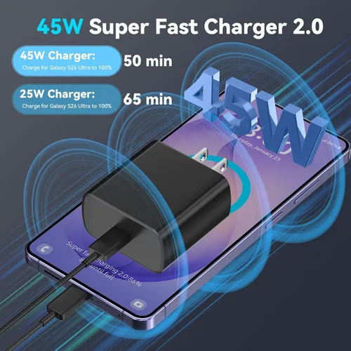 Vista 2 de Cargador súper rápido USB C de 45 W para teléfono Android tipo C, bloque de carga rápida con cable de 5 pies para Samsung Galaxy S26/S26 Negro
