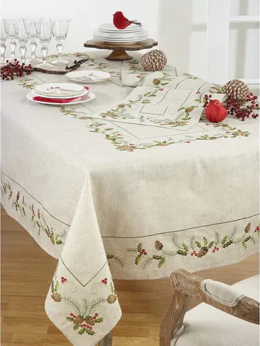 Vista 3 de SARO LIFESTYLE 1851.N16120B Joyeuses Fêtes Collection Camino de mesa bordado de piña y acebo, 16 x 120 pulgadas, natural