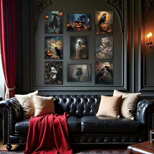 Vista 8 de ARKZSHO Juego de 9 impresiones en lienzo para pared de Halloween, pintura oscura de academia, pintura estética gótica espeluznante para galería