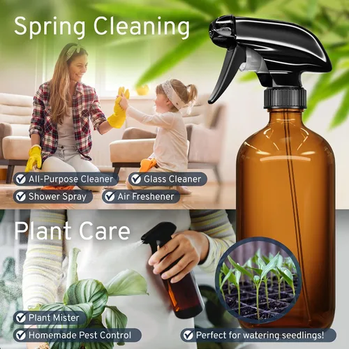 Vista 10 de LiBa Paquete de 2 botellas de vidrio ámbar, botella de spray vacía recargable de 16 onzas para limpieza, aceites esenciales, cabello, plantas