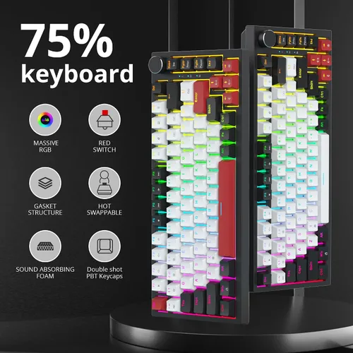 Vista 2 de Junta de teclado 75% montada con almohadillas absorbentes de sonido, teclado mecánico RGB compacto de 82 teclas con cable para juegos, enchufe