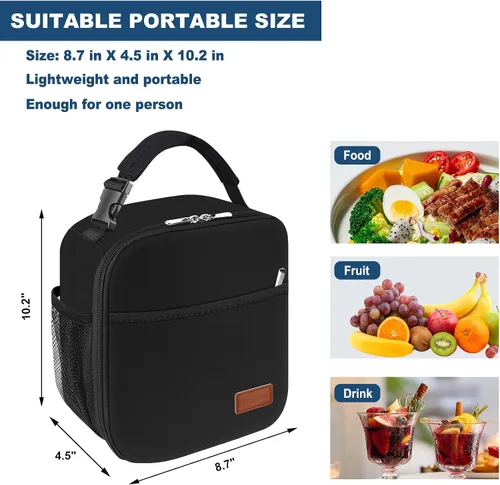 Vista 4 de Femuar Lonchera para hombres, mujeres y adultos, lonchera pequeña para el trabajo, picnic, bolsa de almuerzo reutilizable, bolsa de almuerzo Negro