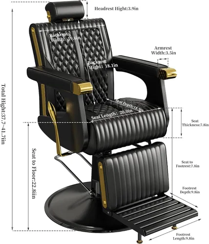Vista 3 de Silla reclinable de barbero Baasha negra con ribete dorado en los reposabrazos, cómodo cojín de espuma viscoelástica, reposacabezas ajustable, base