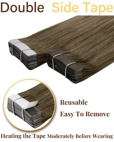 Vista 2 de 【Descuento】Hetto - Extensiones de cabello con cinta adhesiva, 40g, extensiones de cabello humano, color rubio ceniza oscuro degradado a rubio medio