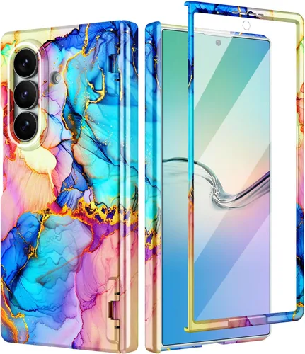 Vista 34 de Btscase Funda para Samsung Galaxy Z Fold 5, protector de pantalla frontal integrado, patrón de mármol dorado con purpurina de policarbonato duro