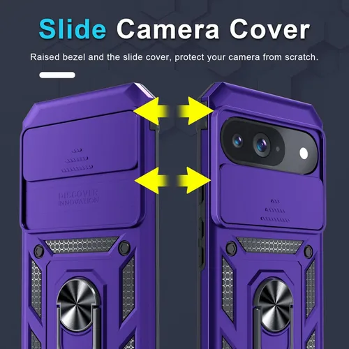 Vista 3 de Funda Janmitta Compatible con Google Pixel 9/9 Pro con cubierta deslizante para lente de cámara incorporada + protector de pantalla + soporte