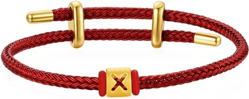 Vista 27 de ZHOU LIU FU Pulsera de Oro de 24K con Dijes de Iniciales, Pulseras Ajustables de Cadena Roja con Dijes de Letras y Corazón A-Z, Brazalete Apilable