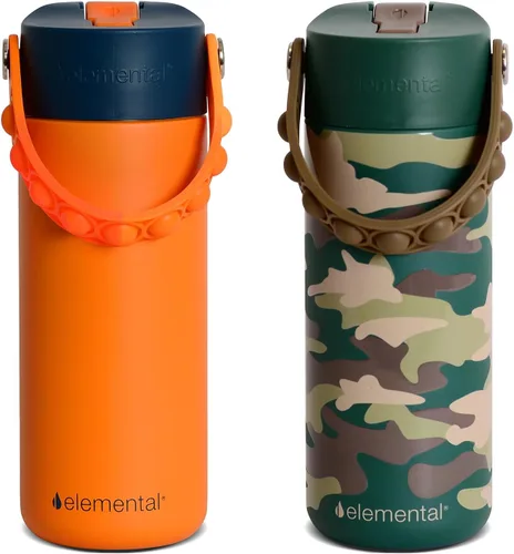Vista 9 de Elemental Botella de agua aislada para niños, botella de agua de acero inoxidable con tapa de popote y asa Pop-it, botellas de agua a prueba