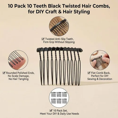 Vista 3 de 10 dientes de metal negro pinzas para el pelo mágico pasadores laterales alambre torsión moño abrazadera invisible Bang peine 10 unids
