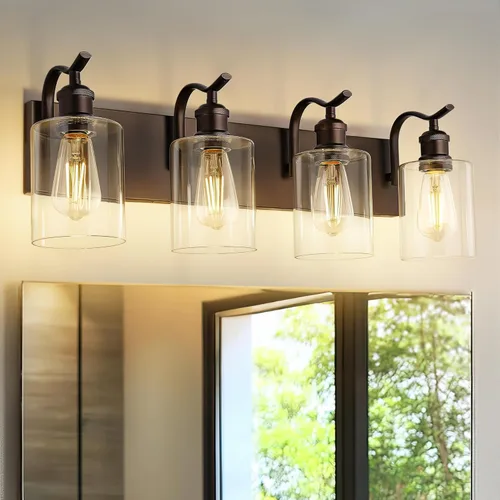Vista 11 de Lámpara de tocador de baño de 3 luces, aplique de pared de níquel cepillado, lámpara de baño moderna con vidrio transparente, VL01BN-3 Níquel