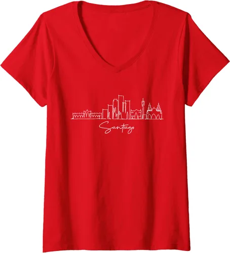 Vista 5 de Camiseta con cuello en V City Skyline Santiago Chile para mujer, Negro