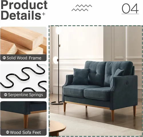 Vista 5 de Altillo Moderno sofá biplaza tapizado con puerto USB, tela impermeable de 2 asientos, sofás pequeños con patas de madera maciza para espacios