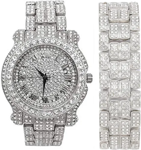 Vista 11 de Charles Raymond Reloj redondo de lujo para hombre totalmente incrustado con brillantes en plata con pulsera Bling-ed Out - L0504B